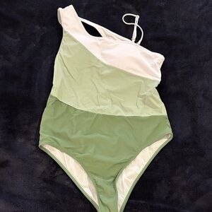 SHEIN Green and Cream One Piece Swimsuit